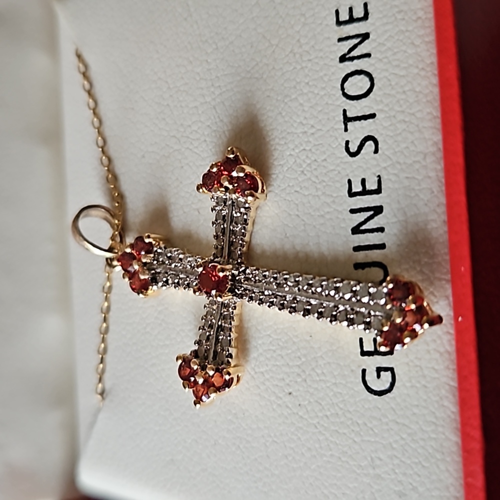 Gold Silver Diam9nd and Garnet Cross Necklace. - Picture 2 of 2